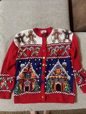 Vintage Marisa Christina 1992 handknit Christmas cardigan sweater gingerbread  M